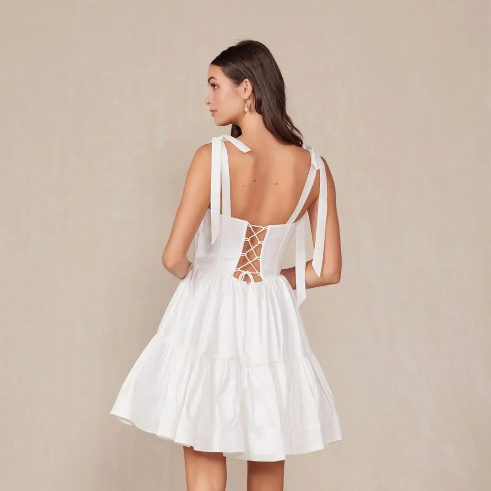 NEW A-LINE OFF WHITE MINI SOLID DRESS W/ SWEETHEART NECK & TIED STRAPS NX T869W - Picture 7 of 9